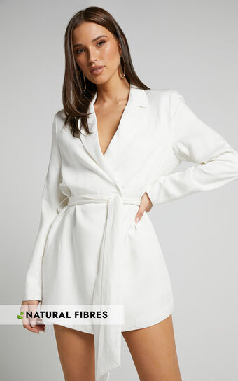 Amalie The Label - Lotte Linen Blend Tie Waist Wrap Blazer Dress in White