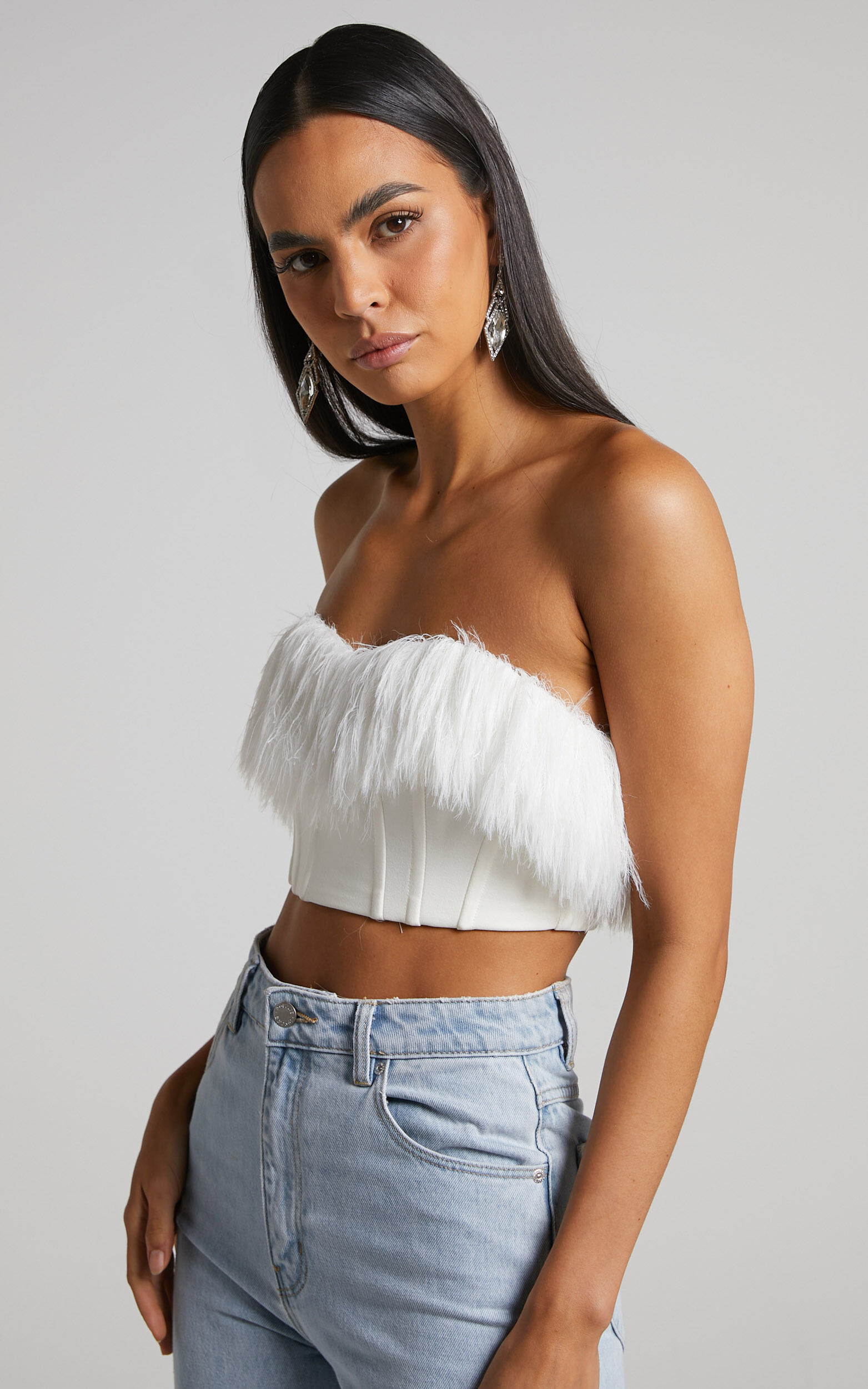 Rhaiza Top - Faux Feather Trim Strapless Sweetheart Crop Top in White