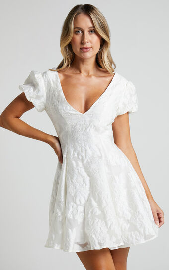 Brailey Jacquard Mini Dress - Puff Sleeve Dress in White