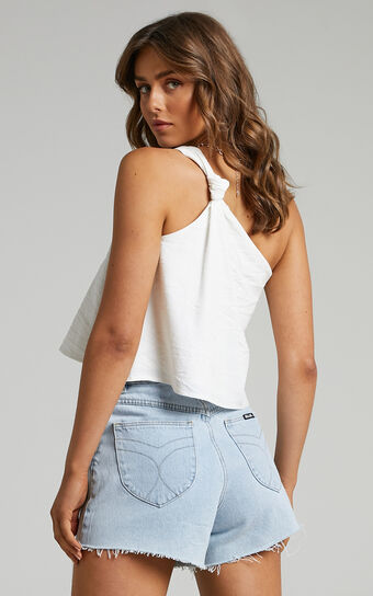 Analia Top - Linen Look One Shoulde Knot Detail Top in White