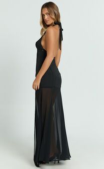 Lauren Maxi Dress - Plunge Halterneck High Split Dress in Black