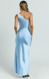 Isla Maxi Dress - Satin One Shoulder Side Split Dress in Blue | Showpo