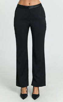 Gilmore Pants - Low Rise Satin Contrast Tailored Pants in Black