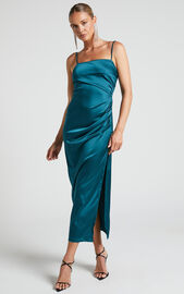 Hayien Midi Dress - Gathered Side Split Slip Dress in Teal | Showpo USA