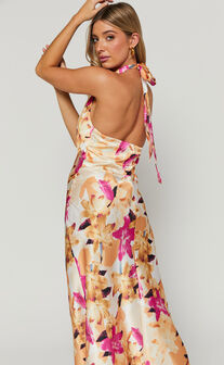 Cyra Midi Dress - Halter Neck Satin Bias Dress in Pink Floral