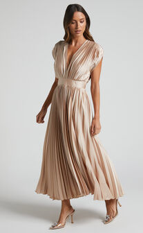 Della Midi Dress - Plunge Neck Short Sleeve Pleated Dress in Champagne