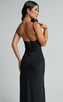 Carrie Maxi Dress - Cowl Back Lace Insert Dress in Black