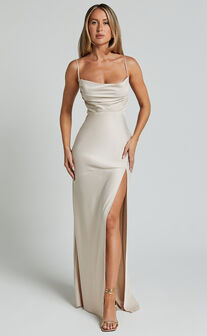 Ardent Maxi Dress - Cowl Neck Tie Back Satin Dress in Champagne