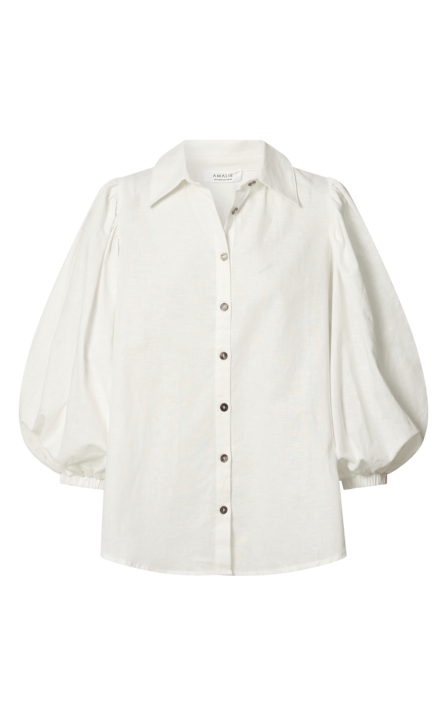 Amalie The Label Janae Linen Blend Collared Puff Sleeve Button Up Shirt in White Showpo