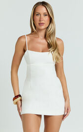 Lillith Mini Linen Blend Dress - Scoop Neck Tie Back Dress in Off White ...