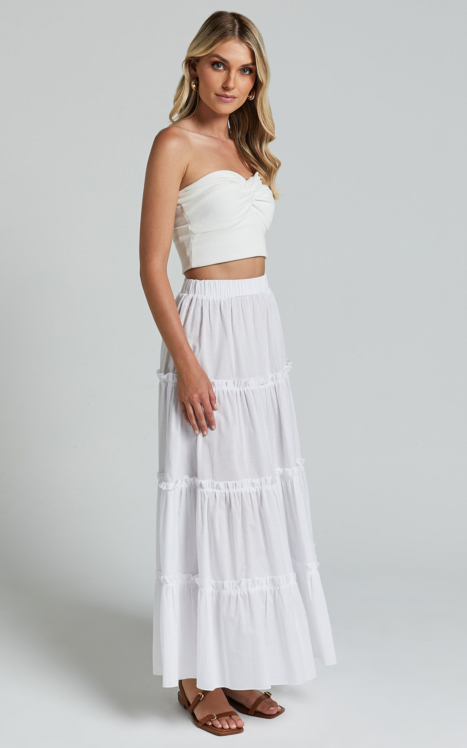Aeonium Maxi Skirt - Cotton Elasticated Waist Tiered Skirt in Off White ...