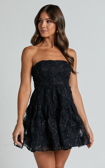 Marzy Mini Dress - Strapless Floral Detail Lace Fit and Flare Dress in Black No Brand