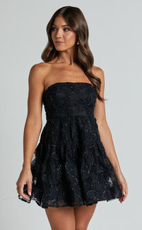 Marzy Mini Dress - Strapless Floral Detail Lace Fit and Flare Dress in Black