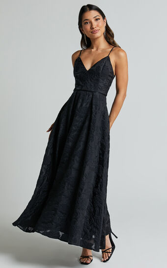Philine Midi Dress - Jacquard Plunge Fit and Flare Dress in Black