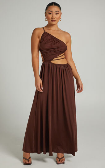 Ornella Maxi Dress with Tie up Details in Chocolate