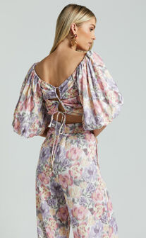 Amalie The Label - Mimie Linen Blend Short Puff Sleeve Tie Back Top in Aurora Print