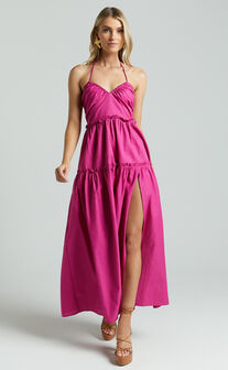 Amalie The Label - Elysees Linen Blend Strappy Halter Midi Dress in Magenta