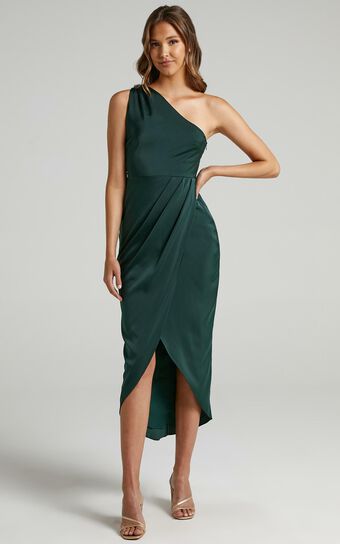 Felt So Happy Midi Dress - One Shoulder Drape Dress in Emerald