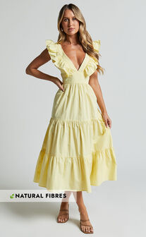 Levona Midi Dress - Ruffle Shoulder Tiered Dress in Lemon