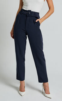 Milica Trousers - Belted High Waisted Trousers in Navy