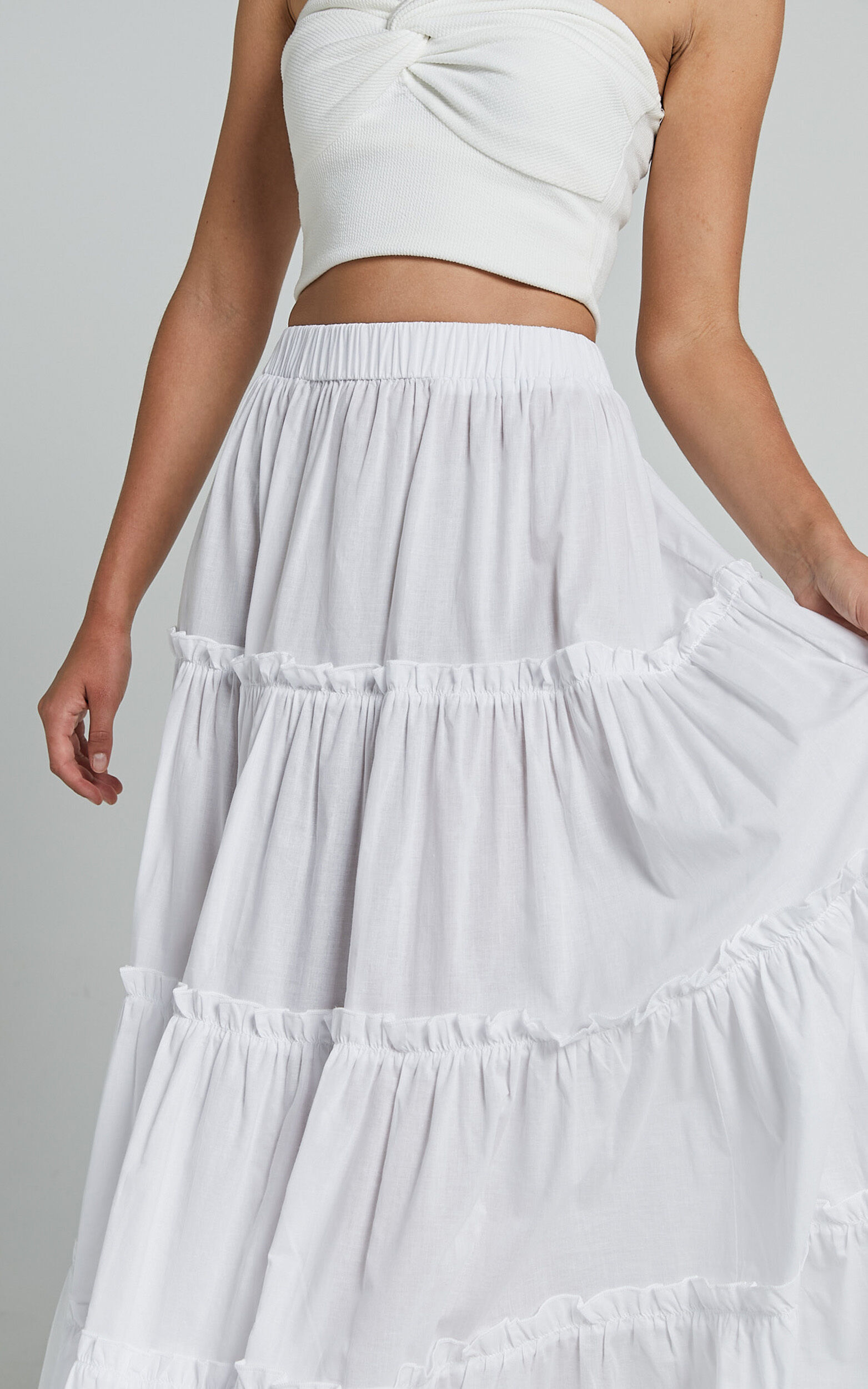 Aeonium Maxi Skirt - Cotton Elasticated Waist Tiered Skirt in Off White ...