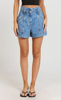 Kayla Shorts - High Waisted A Line Denim Shorts in Mid Blue Wash