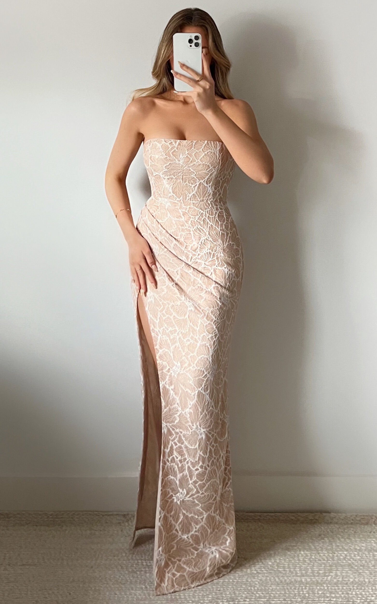 Lucinda Midi Dress Strapless High Split Dress in Beige and White Lace