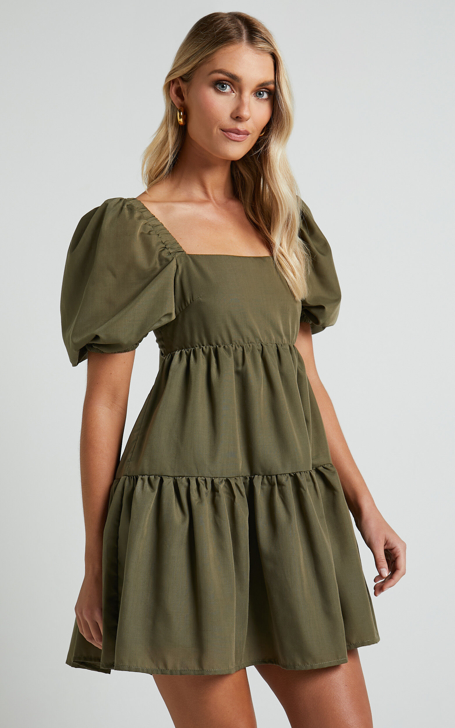 Hazel Mini Dress Short Sleeve Tiered Tie Back Smock Dress in Khaki Showpo EU