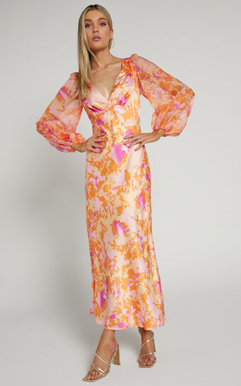Cati Midi Dress - Plunge Detail Puff Sleeve Midi Dress in Peach Floral