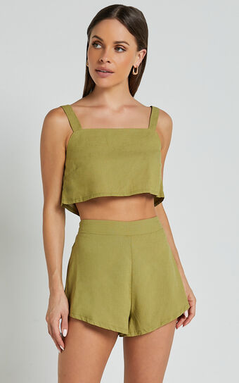 Zanrie Two Piece Set - Linen Look Square Neck Crop Top and High Waist Mini Flare Shorts Set in Celery