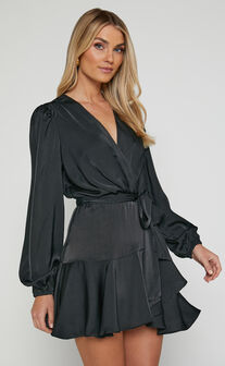 Mandie Mini Dress - V Neck Long Sleeve Wrap Dress in Black