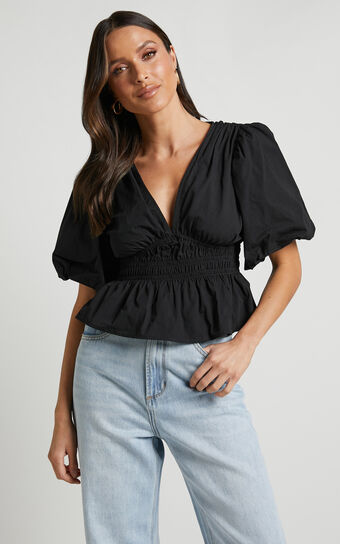 Mellie Top - Puff Sleeve Peplum Top in Black