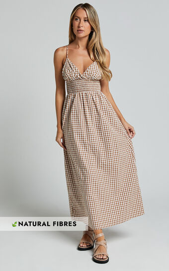 Toni Midi Dress - Strappy Gingham Dress in Caramel and White Gingham