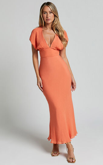 Desiree Maxi Dress - V Neck Flutter Short Sleeve Slip Dress in Orange 