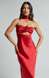 Cady Maxi Dress - Ruched Bust Rosette Detail Satin Dress in Red | Showpo