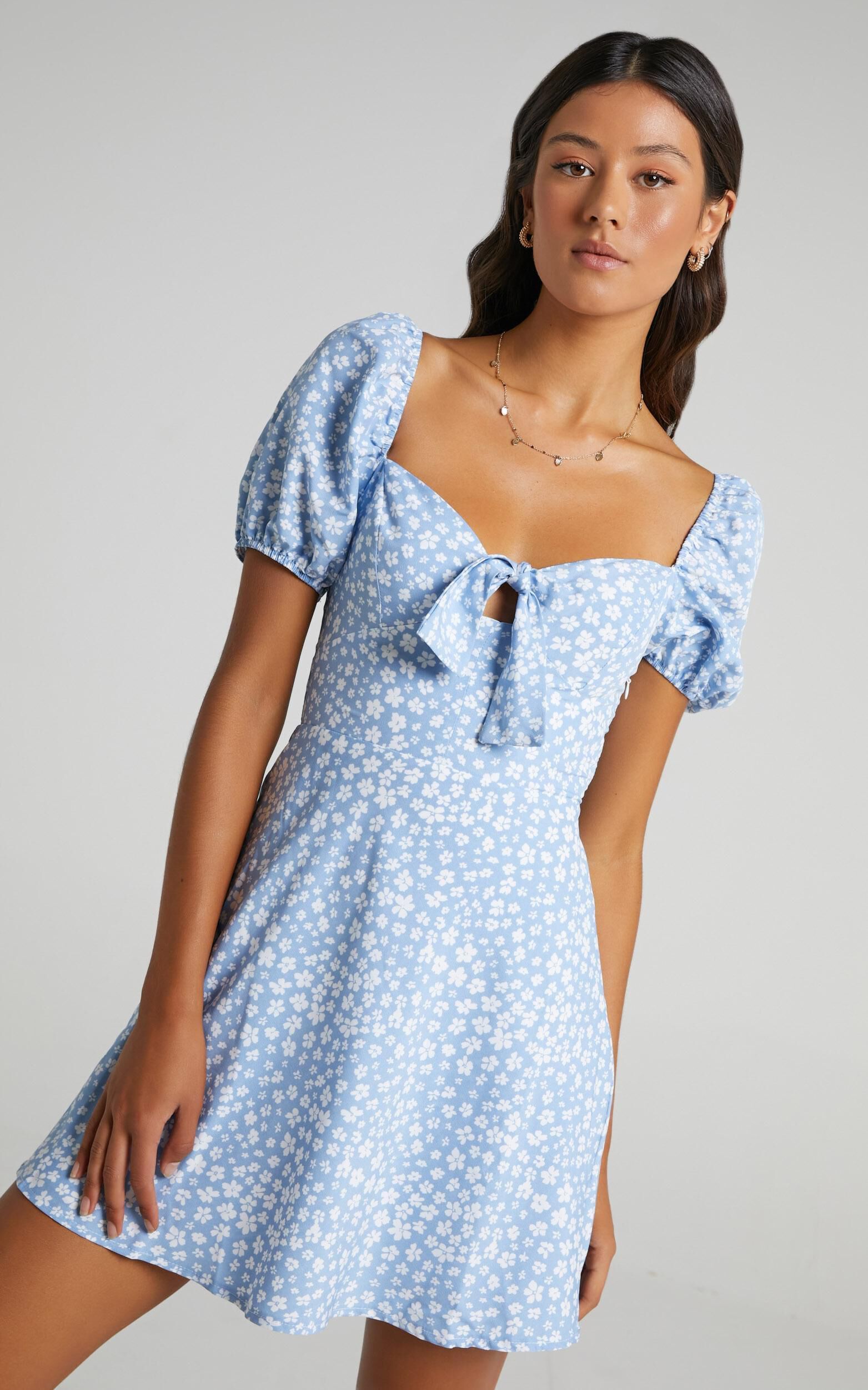 Macy A Line Mini Dress in Blue Print Showpo
