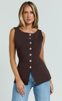 Riva Top - Hardware Detail Button Down Sleeveless Vest Top in Chocolate