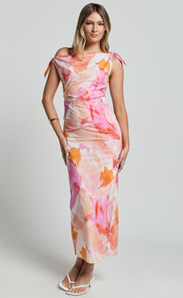 Cincinnati Midi Dress - Off The Shoulder Side Split Column Linen Look Dress in Pink Blur Floral