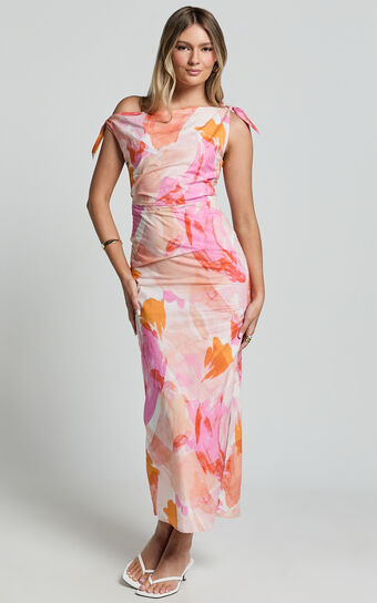 Cincinnati Midi Dress - Off The Shoulder Side Split Column Linen Look Dress in Pink Blur Floral