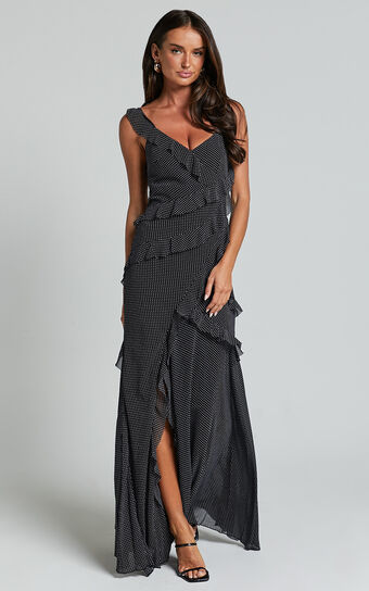 Nitha Maxi Dress - Asymmetrical Frill Thigh Split Dress in Black Polka
