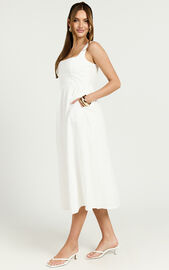 Khari Midi Dress - Linen Look Square A Line Dress in White | Showpo