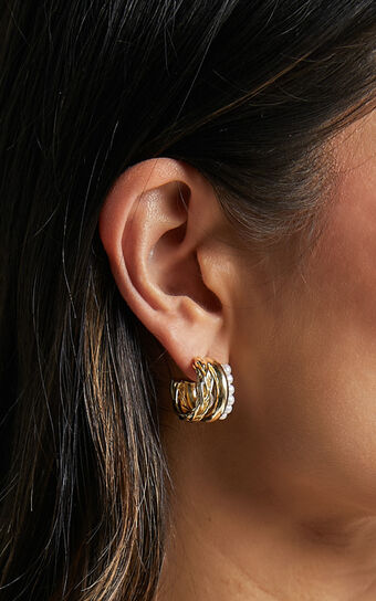 Edith Earrings - Triple Hoop Pearl Detail Earrings in Gold