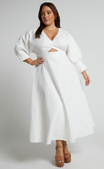 Ashtina Midi Dress - V Neck Cut Out Puff Sleeve Dress in White