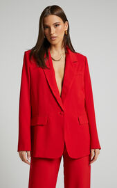 Michelle Blazer - Oversized Plunge Neck Button Up Blazer in Red ...