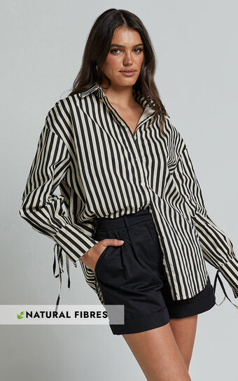 Cazie Shirt - Tie Cuff Long Sleeve Shirt in Black & Cream Stripe