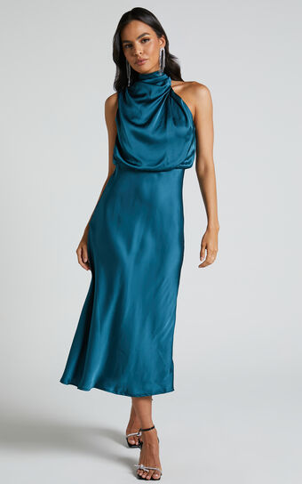 Minnie Midi Dress - Drape Neck Satin Slip Dress in Teal