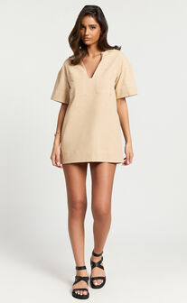 Sanvi Mini Dress - Linen Look Collared Pocket Shift Dress in Beige