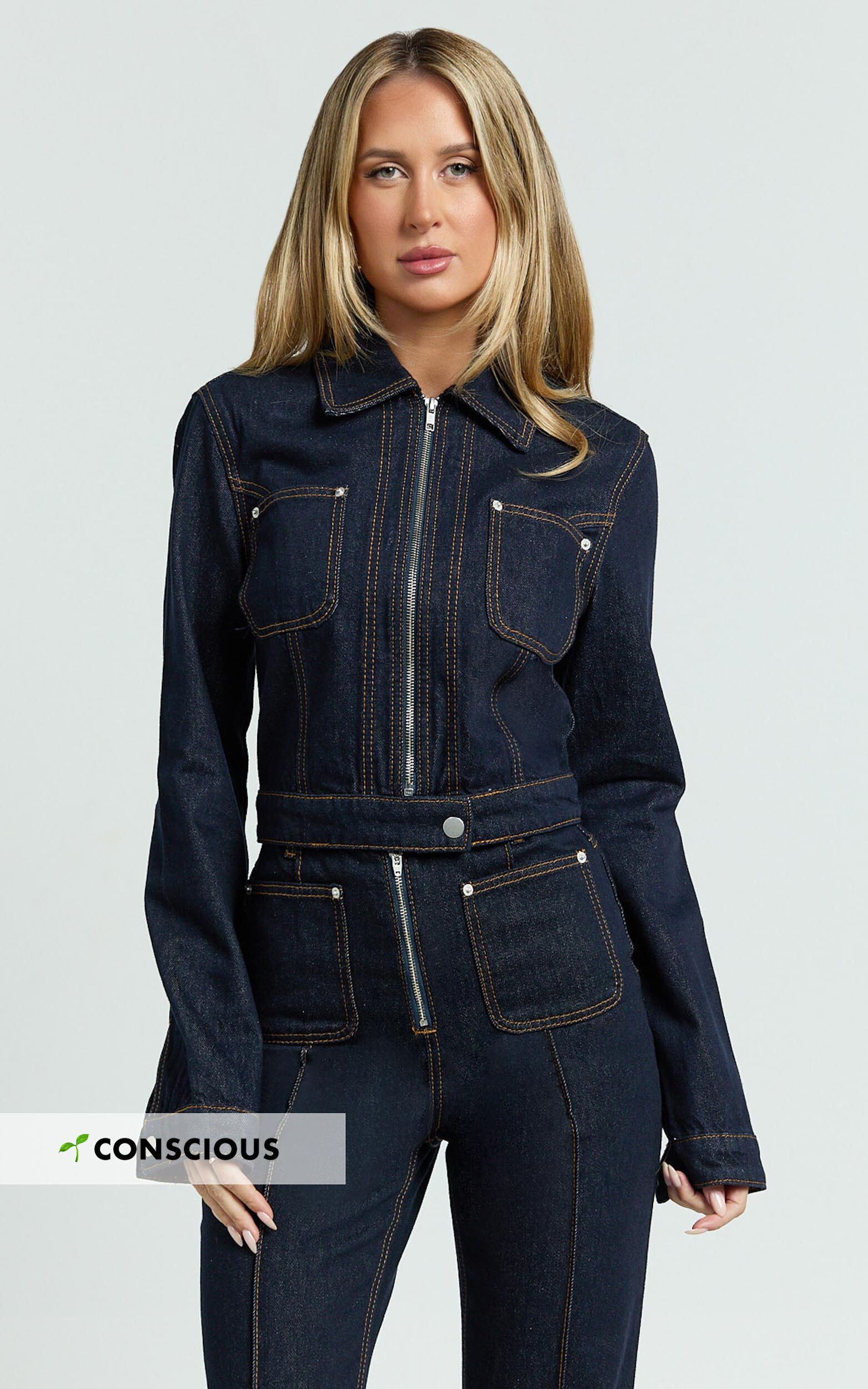 Celia Jacket - Collared Zip Front Crop Fitted Jacket in Dark Blue Wash - 06, BLU1