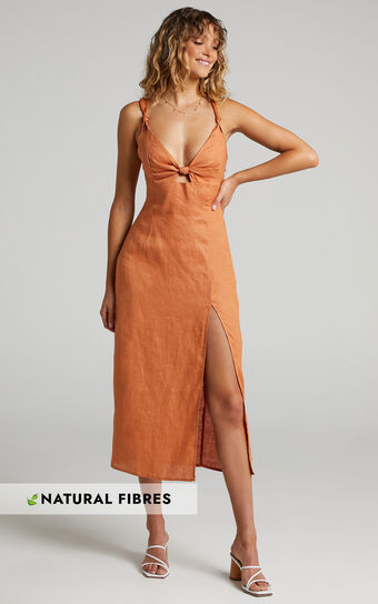 Amalie The Label - Octavia Linen Look Knot Detail Cut Out Midi Dress in Rust