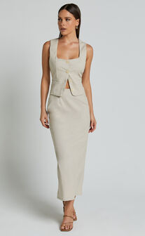 Elias Two Piece Set - Linen Square Neck Vest Top And Column Midi Skirt in Natural